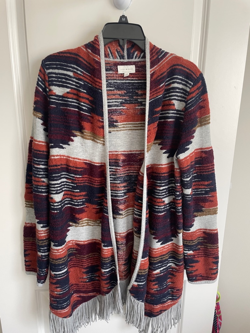 Lucky Brand Rust Navy Multi Western SW  pattern Fringe Open-Front Cardigan